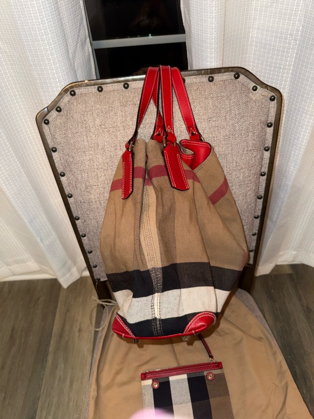 Canvas Shoulder Tote with Red Leather Trim - Picture 4 of 5